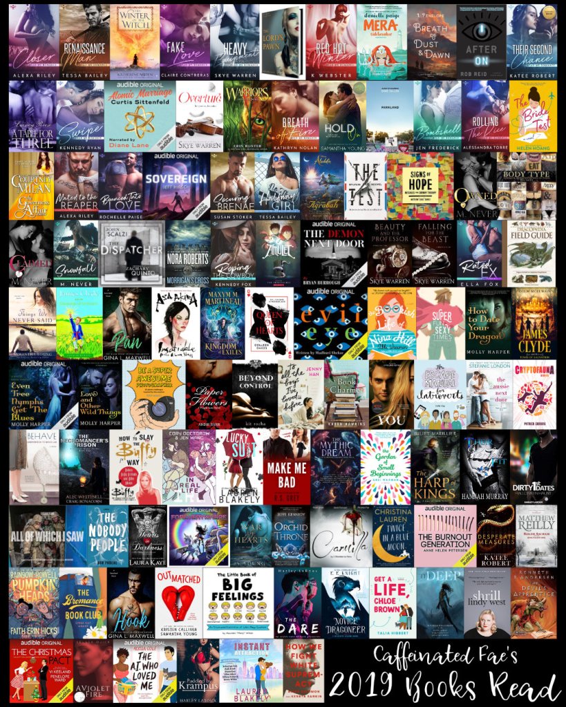 Picture of all 105 books read in 2019.